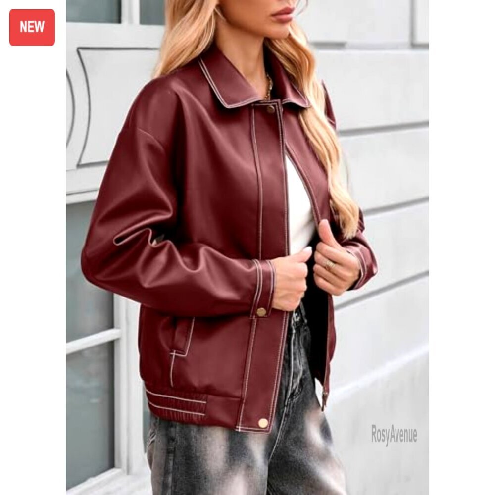Faux Leather Motorcycle Jacket Oversized Bomber Zip Up Fall Winter Coat - Picture 2 of 5